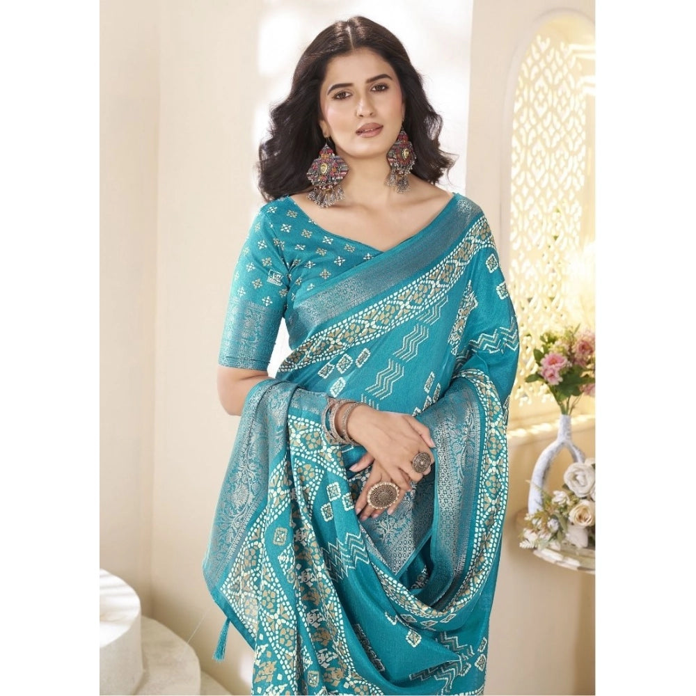 Amfyn Women's Cotton Silk Printed Saree With Unstitched Blouse 5.5Mtr (Teal)