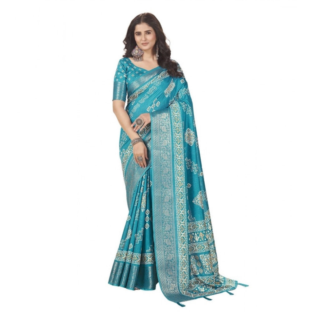 Amfyn Women's Cotton Silk Printed Saree With Unstitched Blouse 5.5Mtr (Teal)