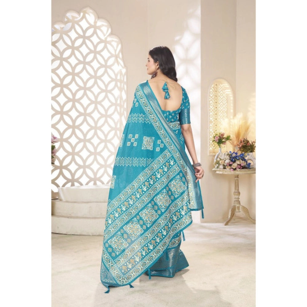 Amfyn Women's Cotton Silk Printed Saree With Unstitched Blouse 5.5Mtr (Teal)