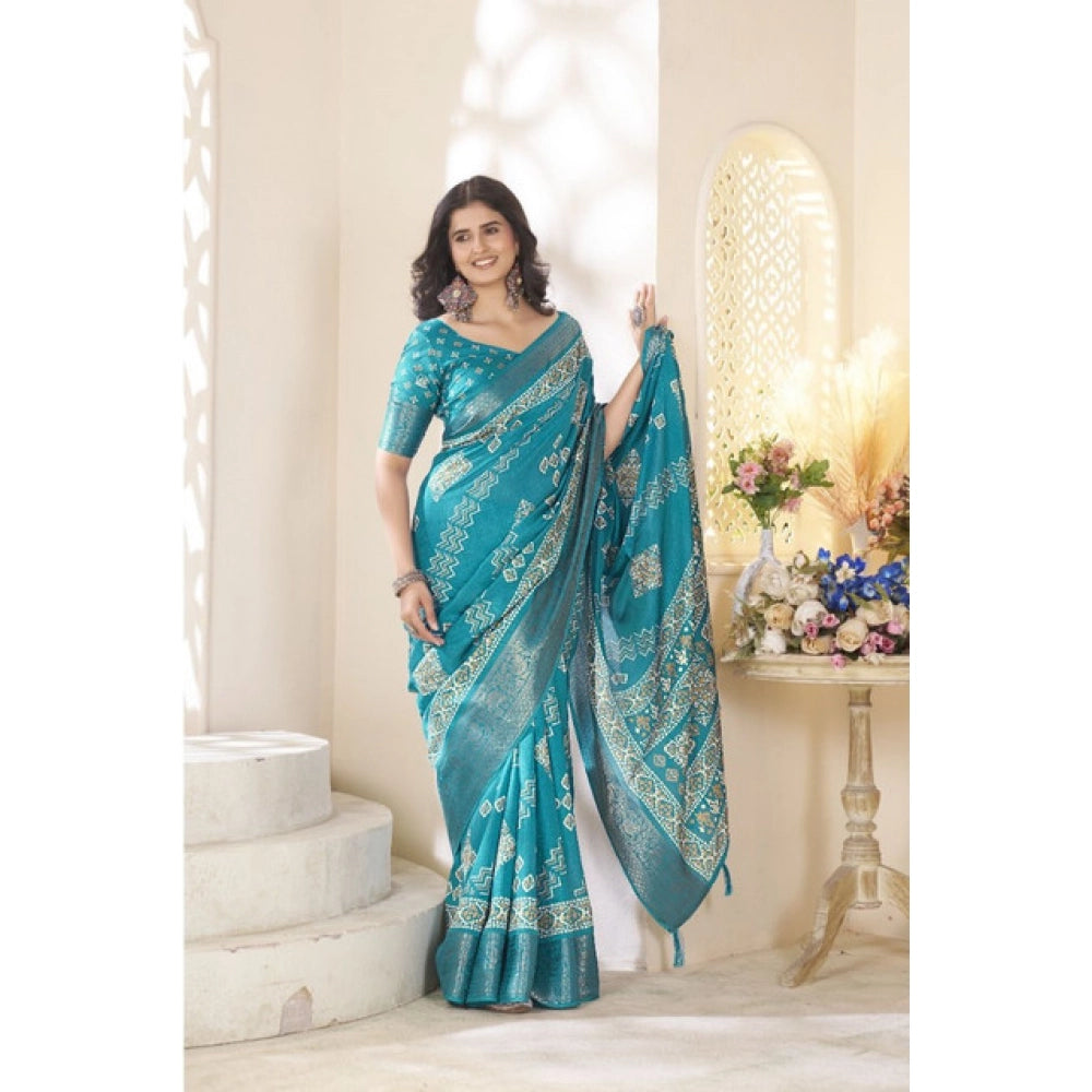 Amfyn Women's Cotton Silk Printed Saree With Unstitched Blouse 5.5Mtr (Teal)