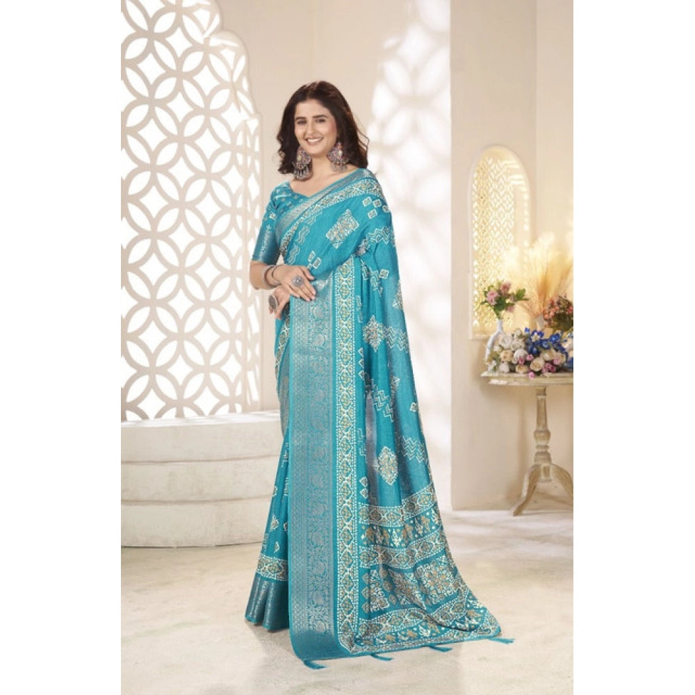 Amfyn Women's Cotton Silk Printed Saree With Unstitched Blouse 5.5Mtr (Teal)