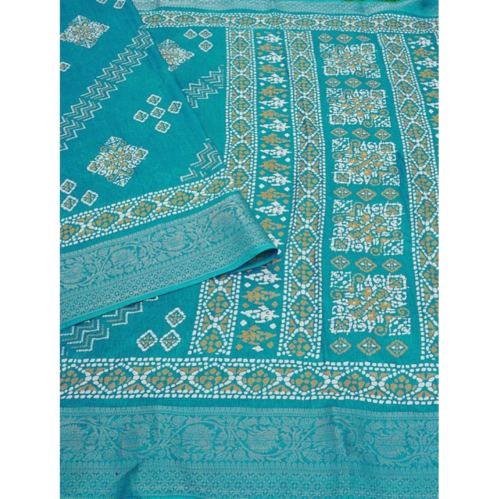 Amfyn Women's Cotton Silk Printed Saree With Unstitched Blouse 5.5Mtr (Teal)