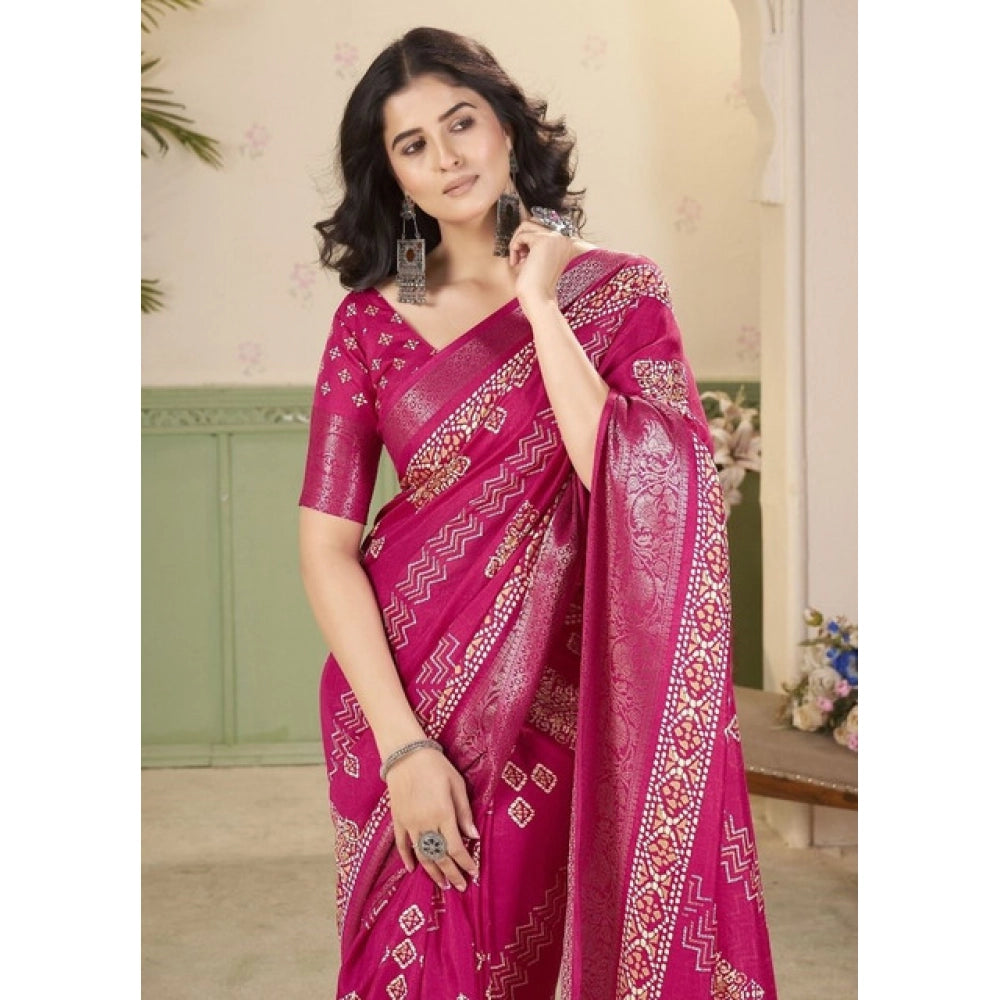 Amfyn Women's Cotton Silk Printed Saree With Unstitched Blouse 5.5Mtr (Pink)