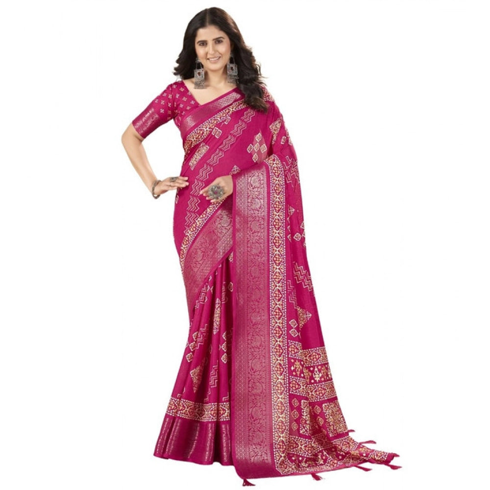Amfyn Women's Cotton Silk Printed Saree With Unstitched Blouse 5.5Mtr (Pink)