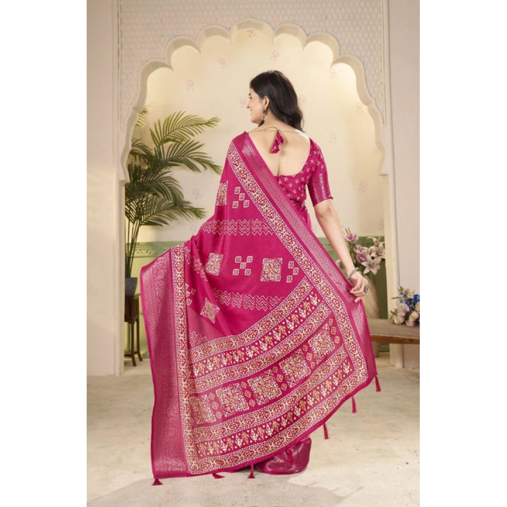 Amfyn Women's Cotton Silk Printed Saree With Unstitched Blouse 5.5Mtr (Pink)