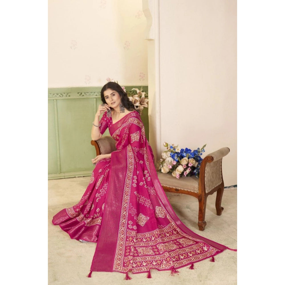 Amfyn Women's Cotton Silk Printed Saree With Unstitched Blouse 5.5Mtr (Pink)