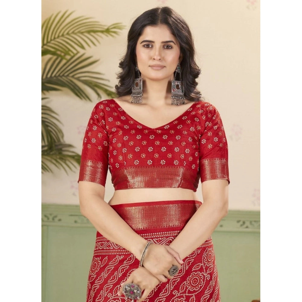 Amfyn Women's Cotton Silk Printed Saree With Unstitched Blouse 5.5Mtr (Red)