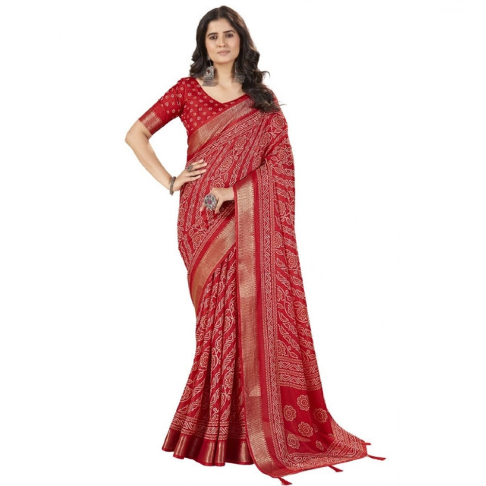 Amfyn Women's Cotton Silk Printed Saree With Unstitched Blouse 5.5Mtr (Red)