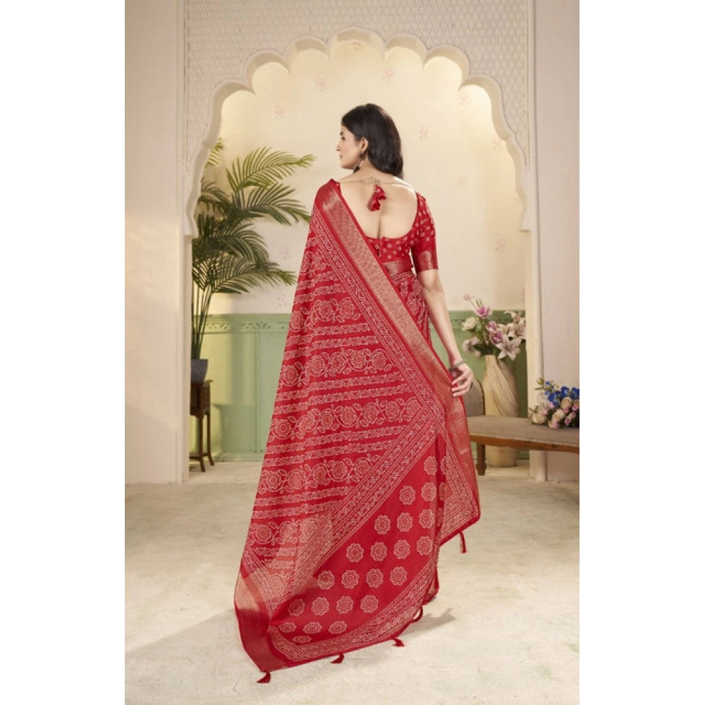 Amfyn Women's Cotton Silk Printed Saree With Unstitched Blouse 5.5Mtr (Red)