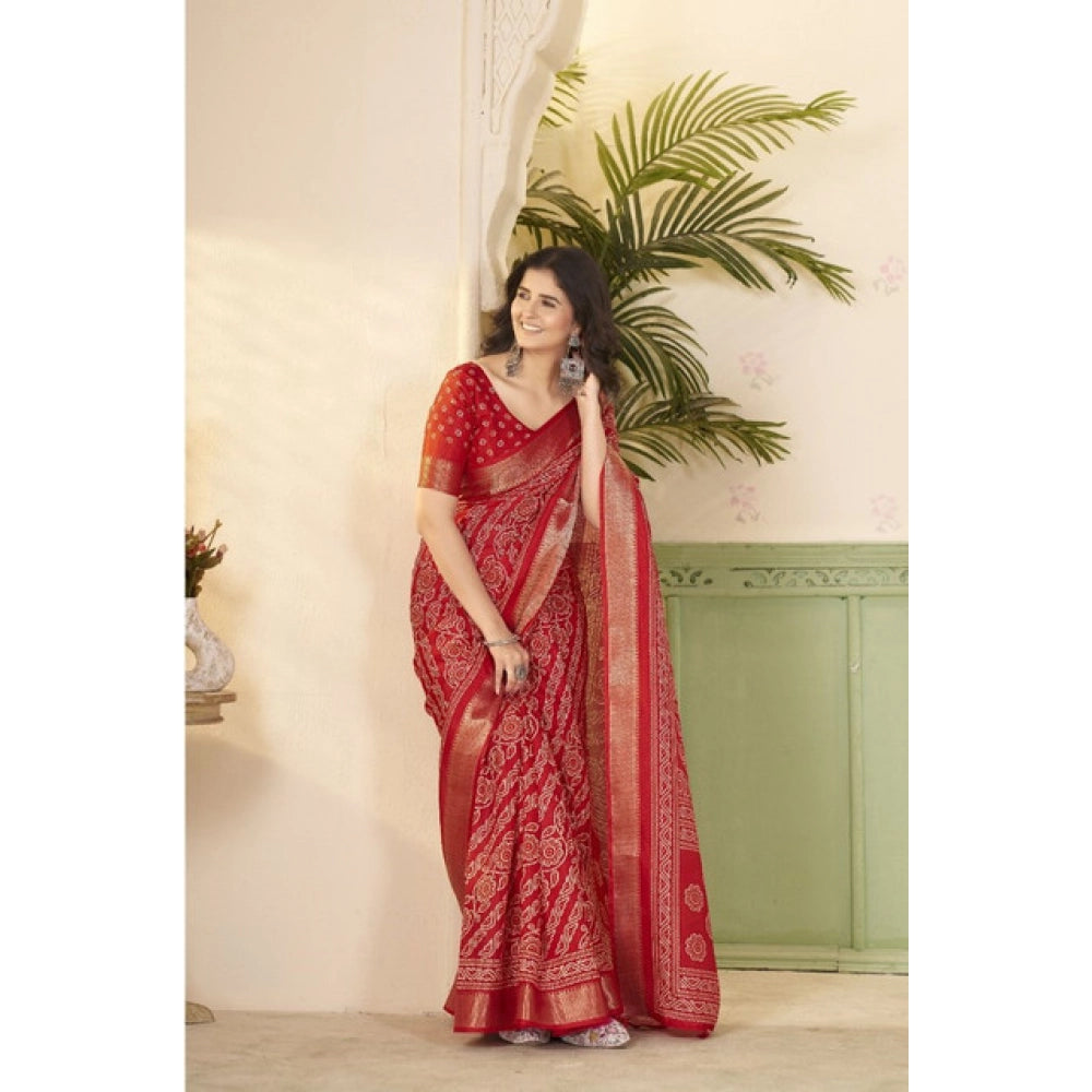 Amfyn Women's Cotton Silk Printed Saree With Unstitched Blouse 5.5Mtr (Red)