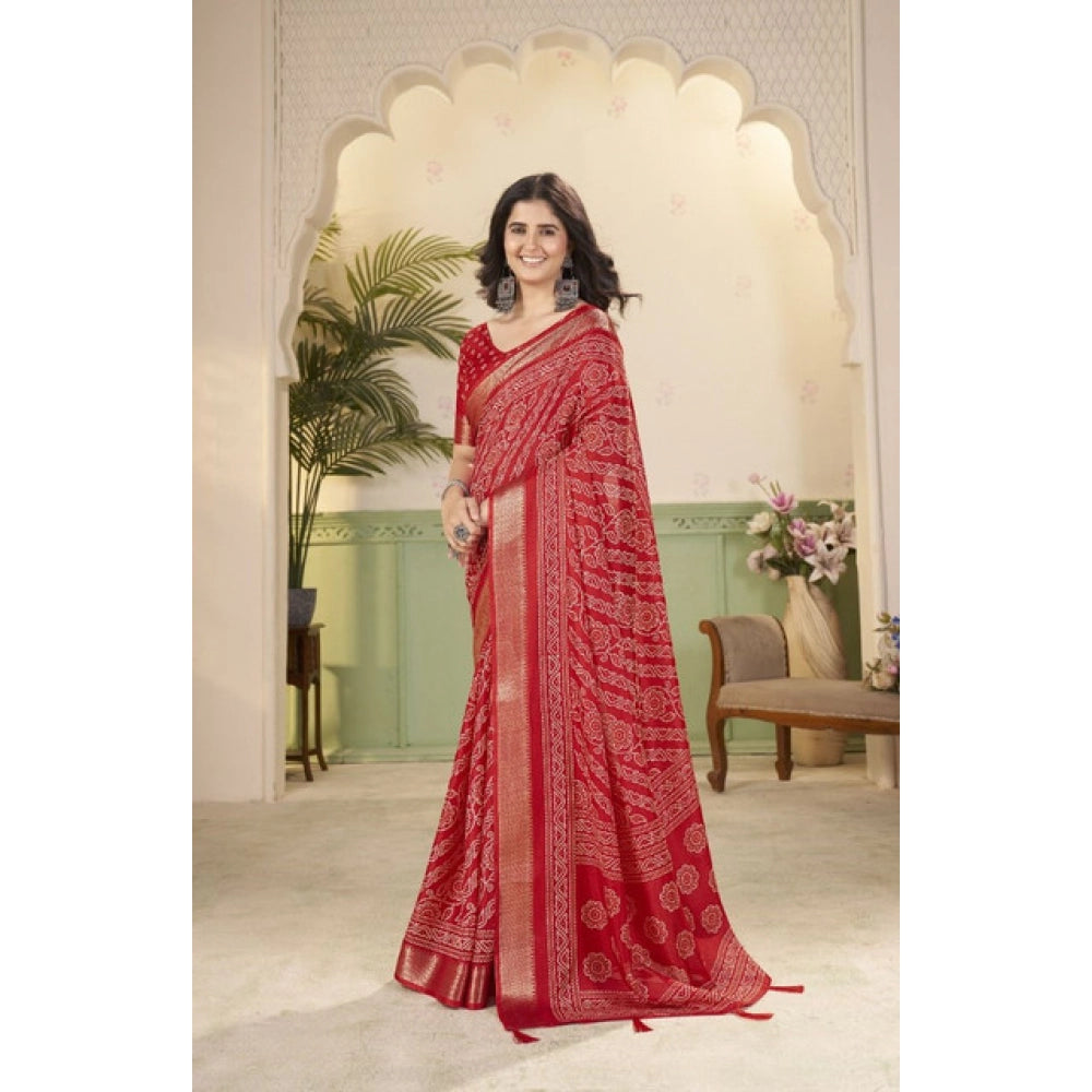Amfyn Women's Cotton Silk Printed Saree With Unstitched Blouse 5.5Mtr (Red)