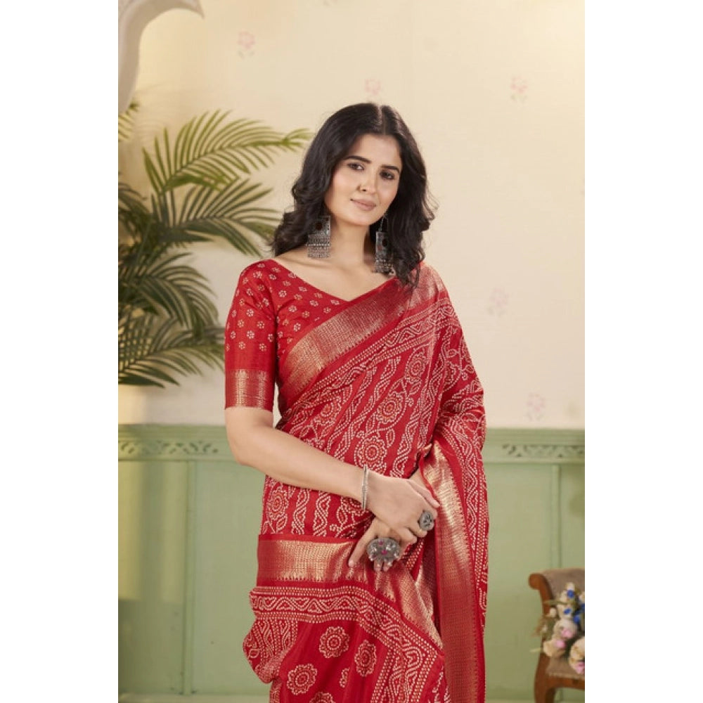 Amfyn Women's Cotton Silk Printed Saree With Unstitched Blouse 5.5Mtr (Red)