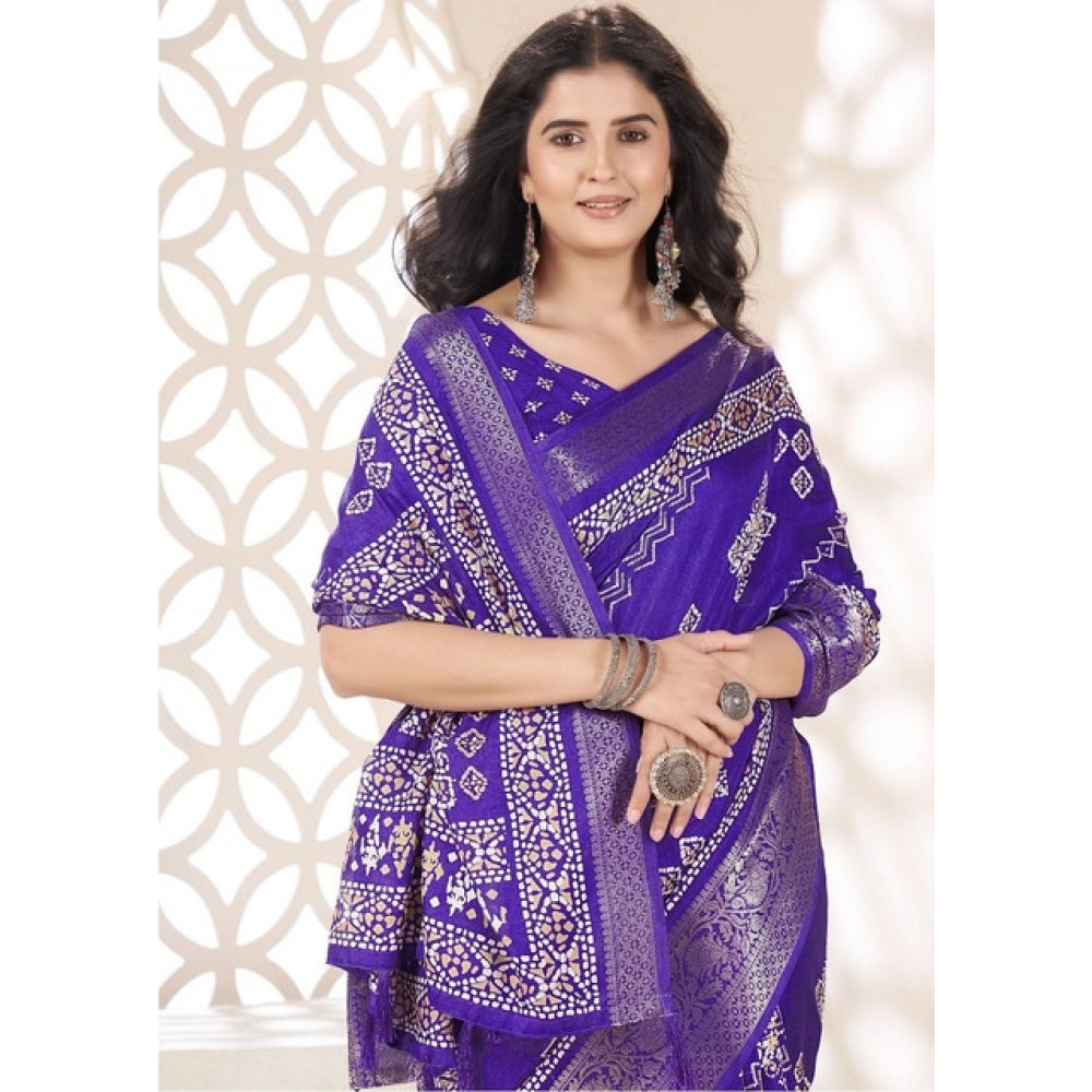 Amfyn Women's Cotton Silk Printed Saree With Unstitched Blouse 5.5Mtr (Royal Blue)