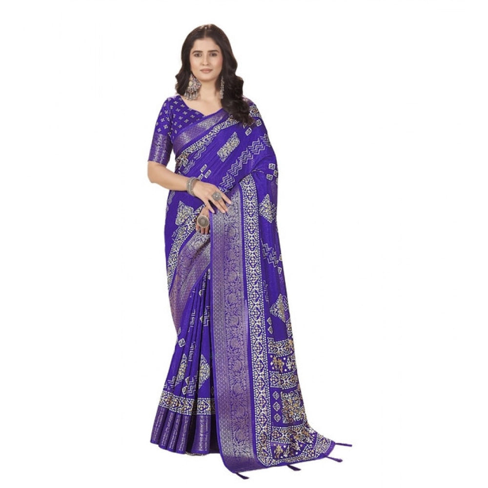Amfyn Women's Cotton Silk Printed Saree With Unstitched Blouse 5.5Mtr (Royal Blue)