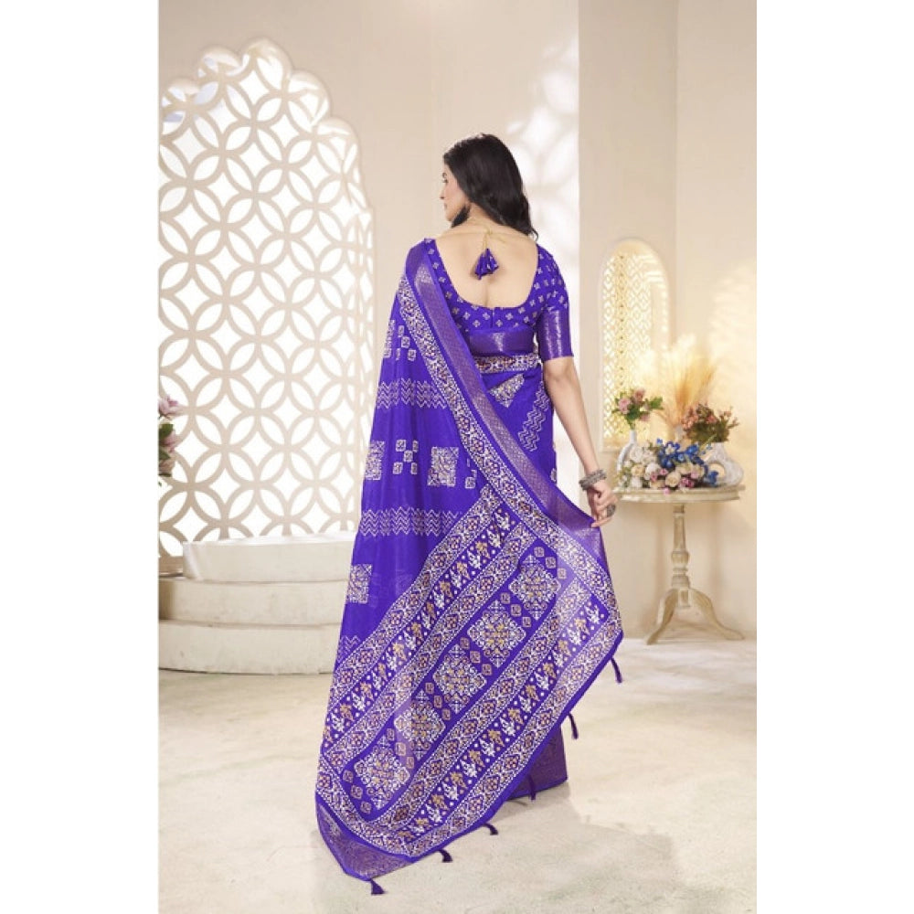 Amfyn Women's Cotton Silk Printed Saree With Unstitched Blouse 5.5Mtr (Royal Blue)