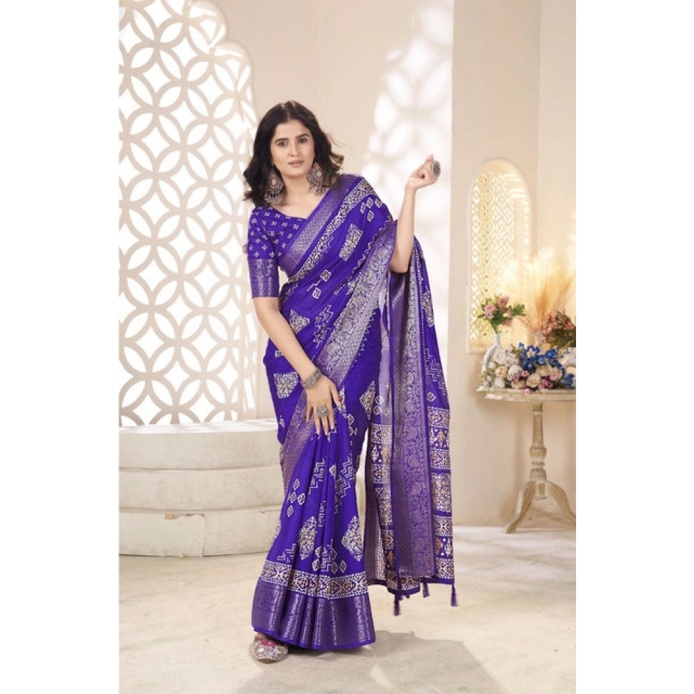 Amfyn Women's Cotton Silk Printed Saree With Unstitched Blouse 5.5Mtr (Royal Blue)