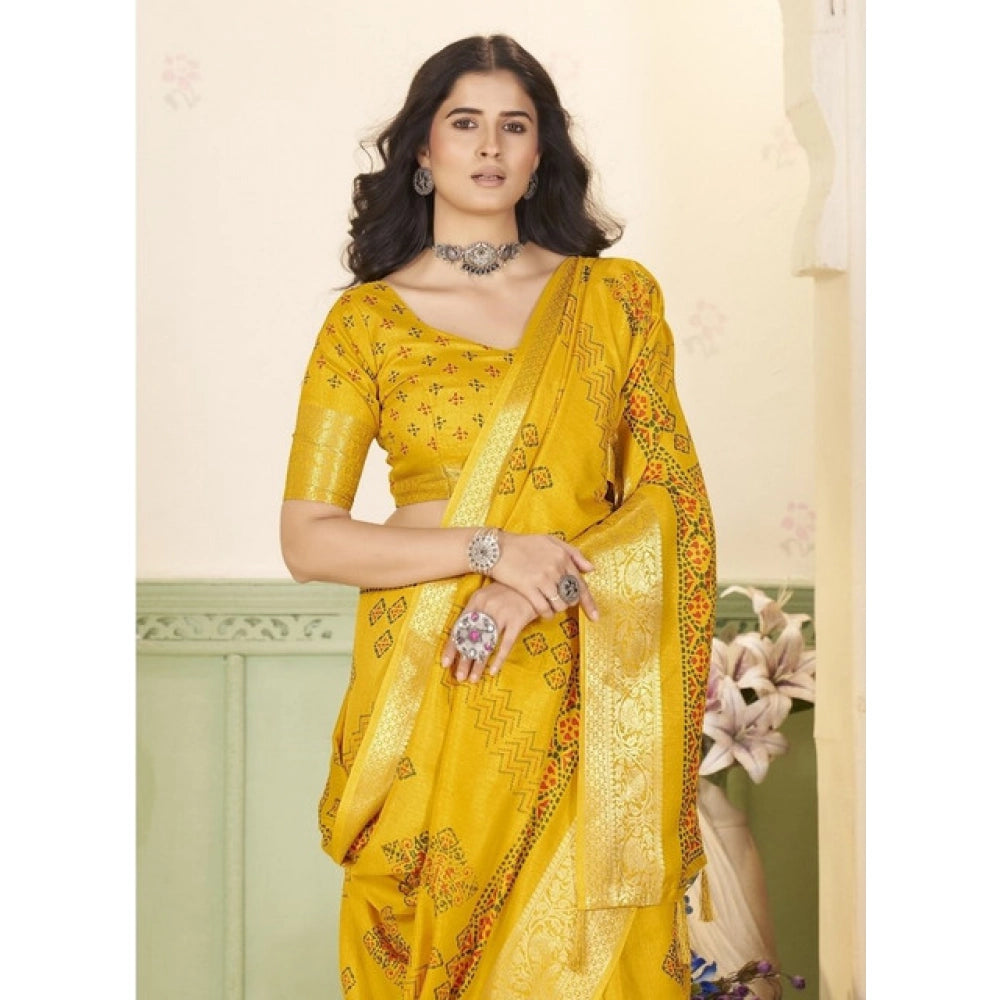 Amfyn Women's Cotton Silk Printed Saree With Unstitched Blouse 5.5Mtr (Yellow)