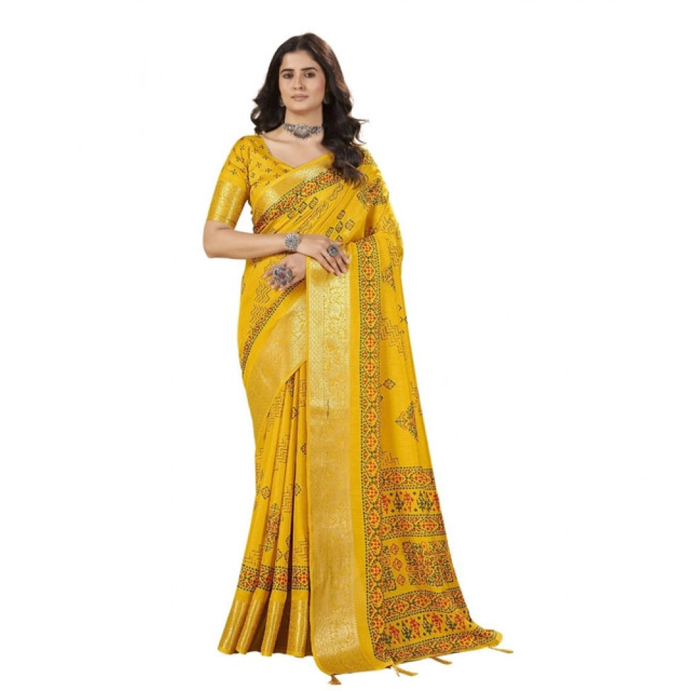 Amfyn Women's Cotton Silk Printed Saree With Unstitched Blouse 5.5Mtr (Yellow)