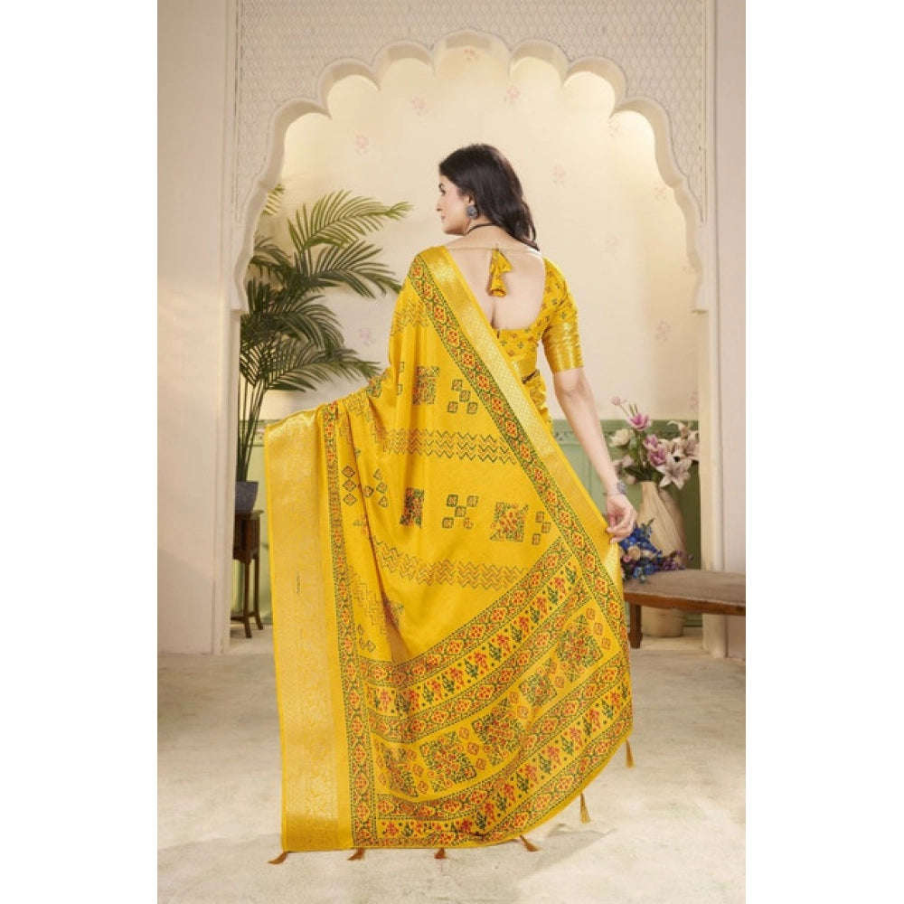 Amfyn Women's Cotton Silk Printed Saree With Unstitched Blouse 5.5Mtr (Yellow)