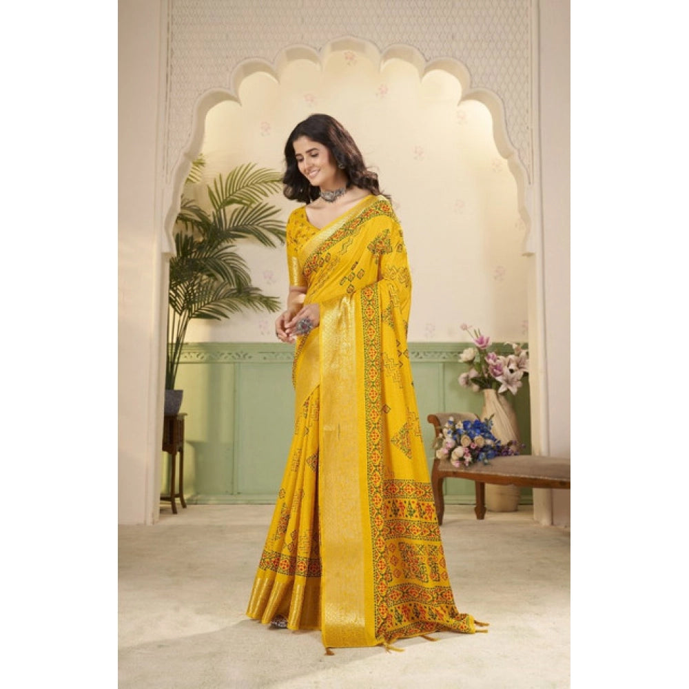 Amfyn Women's Cotton Silk Printed Saree With Unstitched Blouse 5.5Mtr (Yellow)
