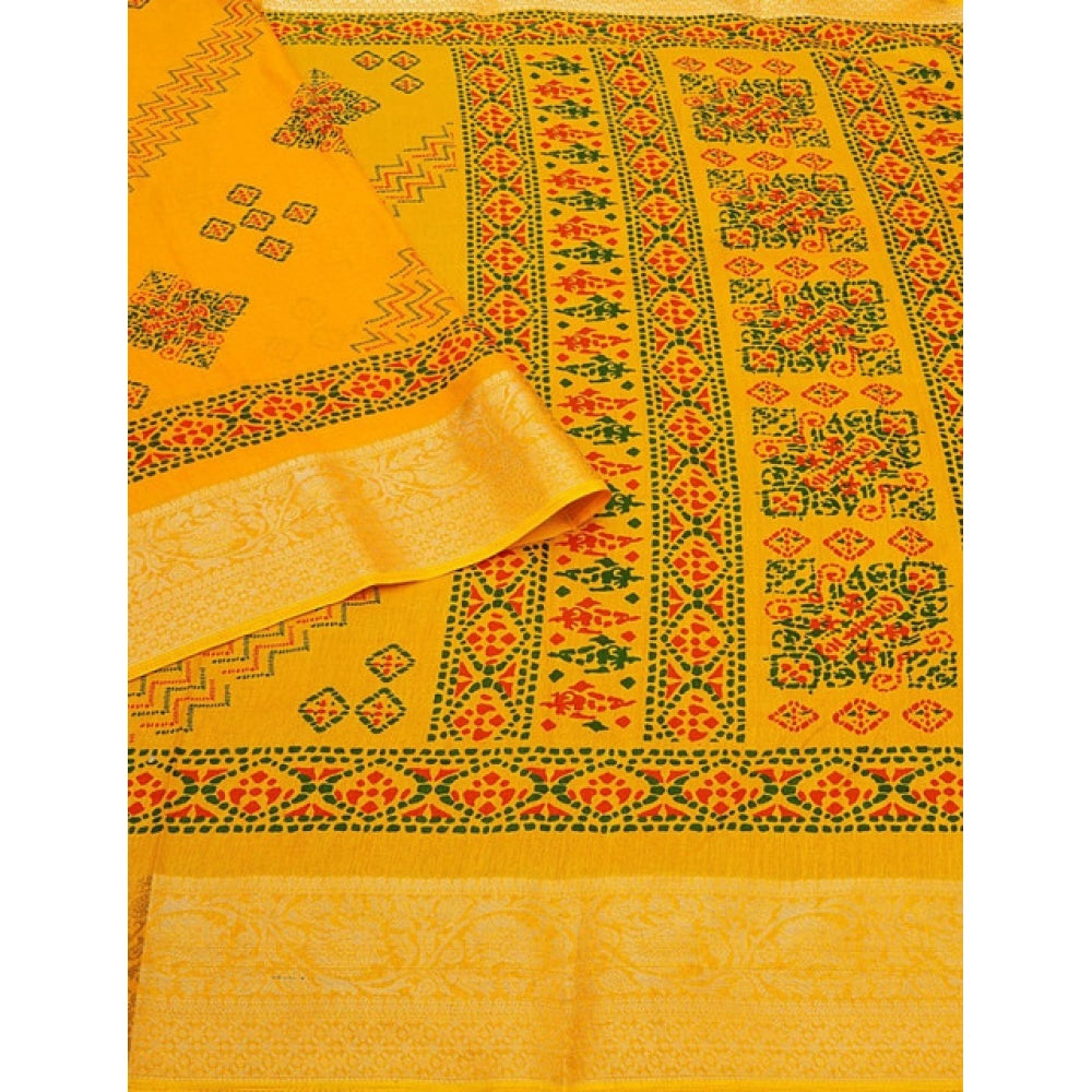 Amfyn Women's Cotton Silk Printed Saree With Unstitched Blouse 5.5Mtr (Yellow)
