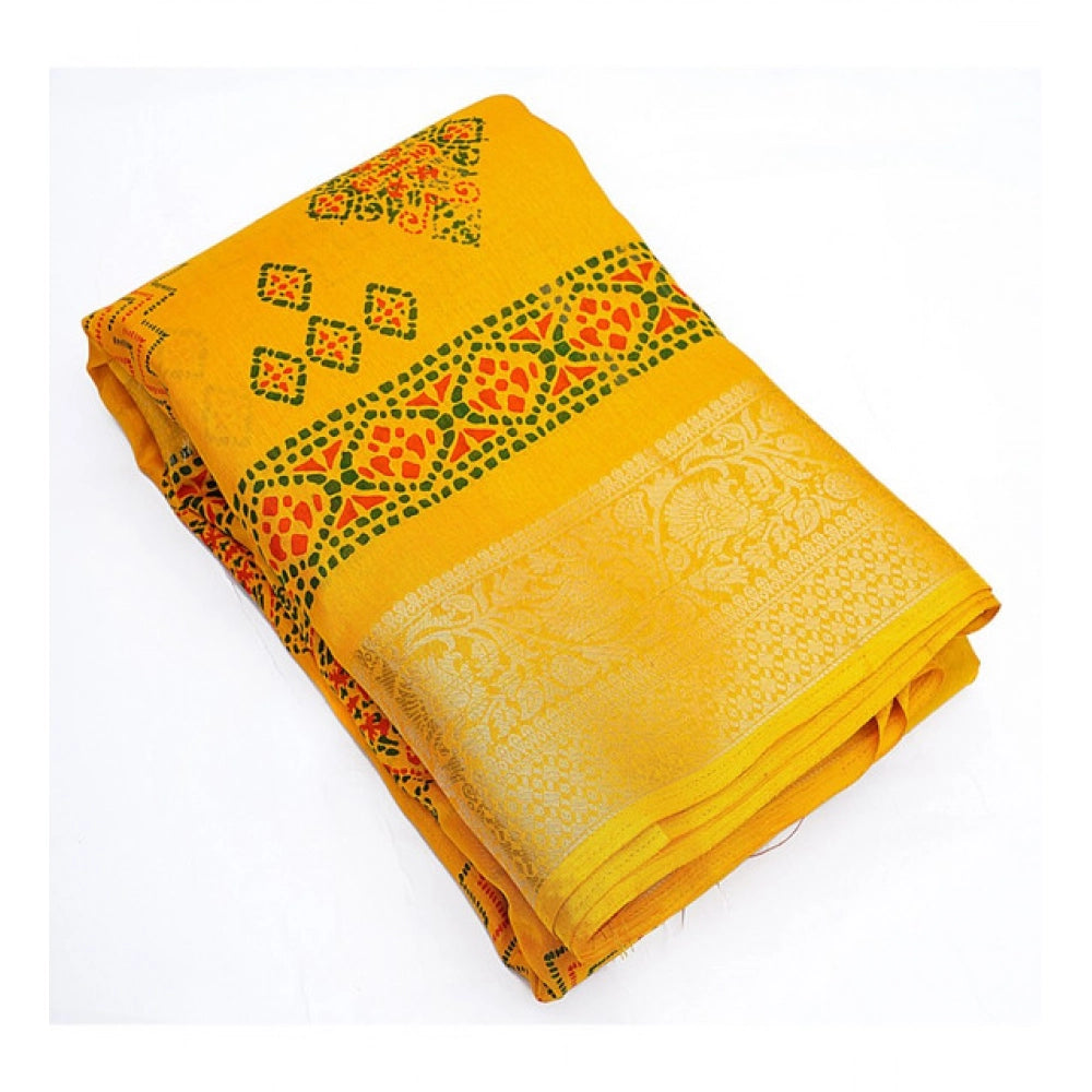 Amfyn Women's Cotton Silk Printed Saree With Unstitched Blouse 5.5Mtr (Yellow)