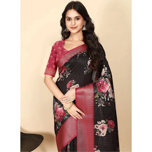 Amfyn Women's Cotton Silk Floral Printed Saree With Unstitched Blouse 5.5Mtr (Black)