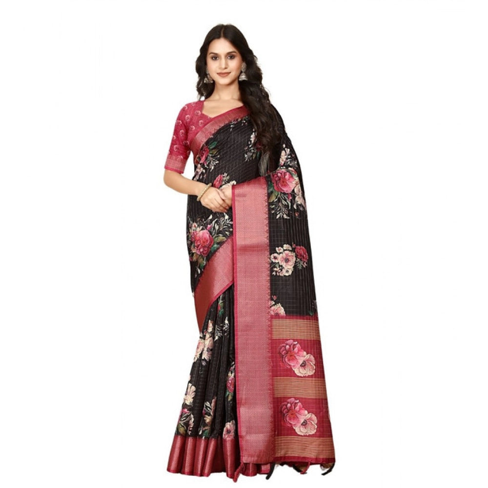 Amfyn Women's Cotton Silk Floral Printed Saree With Unstitched Blouse 5.5Mtr (Black)