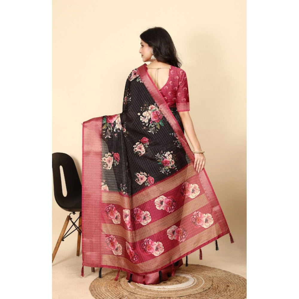 Amfyn Women's Cotton Silk Floral Printed Saree With Unstitched Blouse 5.5Mtr (Black)