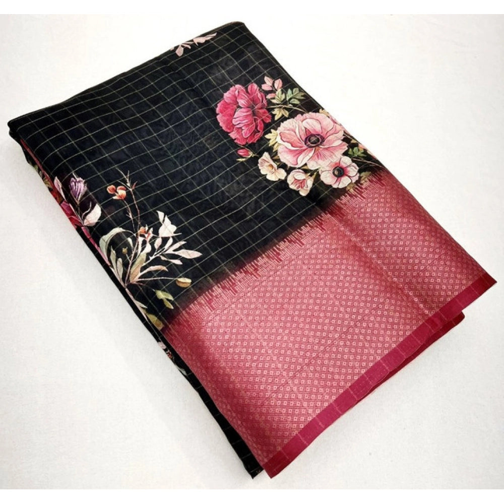 Amfyn Women's Cotton Silk Floral Printed Saree With Unstitched Blouse 5.5Mtr (Black)