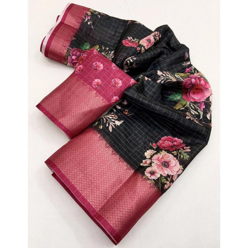 Amfyn Women's Cotton Silk Floral Printed Saree With Unstitched Blouse 5.5Mtr (Black)