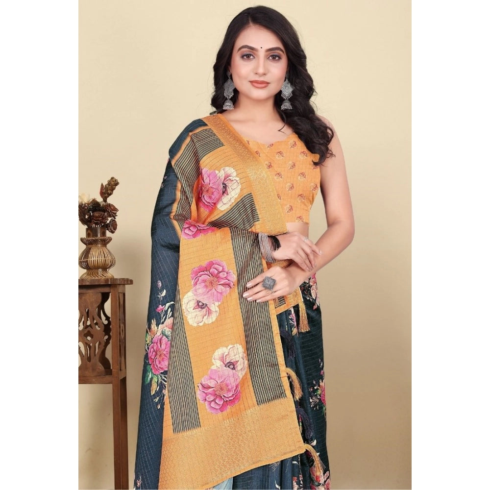 Amfyn Women's Cotton Silk Floral Printed Saree With Unstitched Blouse 5.5Mtr (Blue)