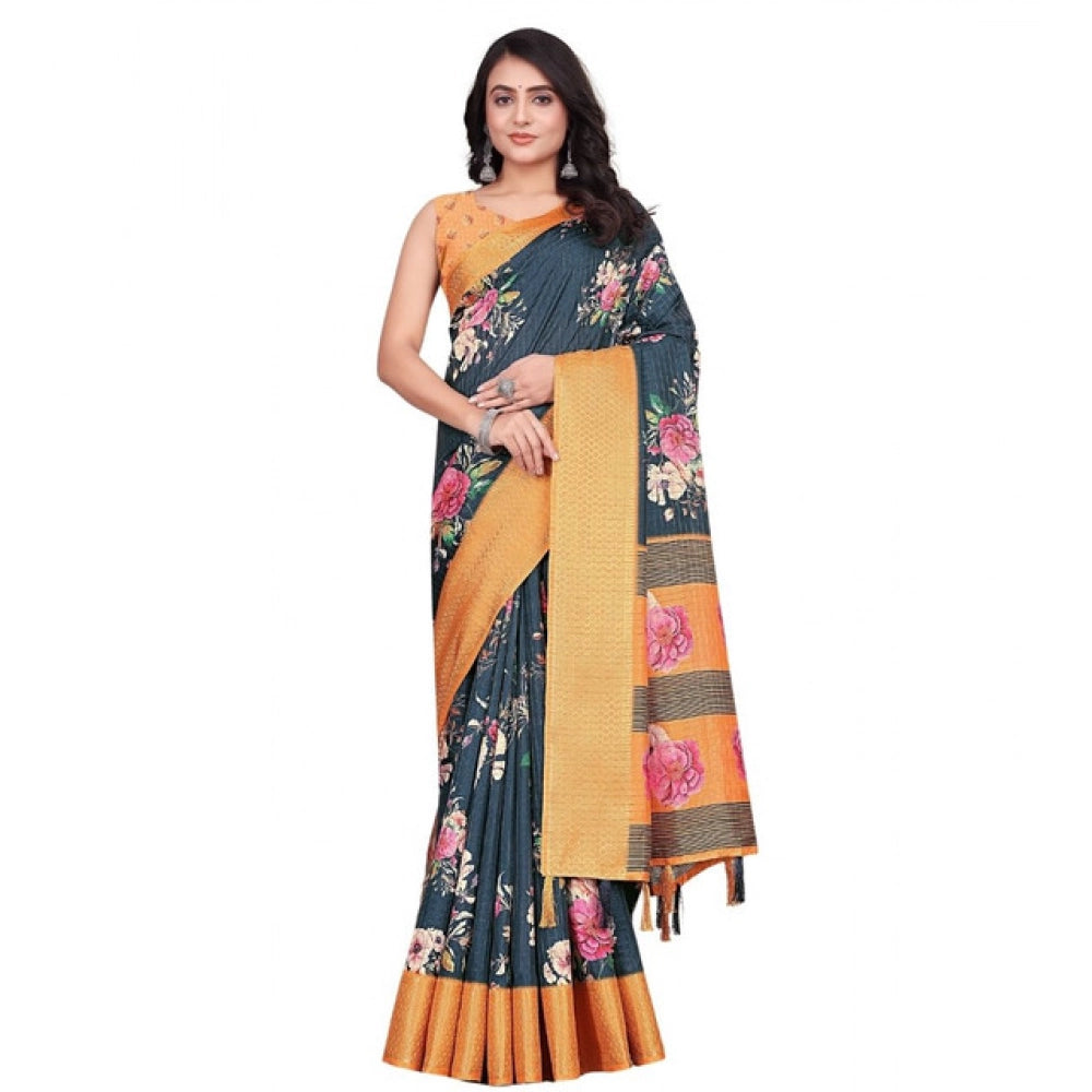 Amfyn Women's Cotton Silk Floral Printed Saree With Unstitched Blouse 5.5Mtr (Blue)