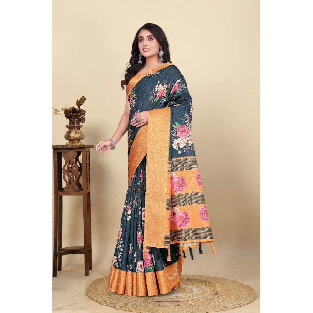 Amfyn Women's Cotton Silk Floral Printed Saree With Unstitched Blouse 5.5Mtr (Blue)