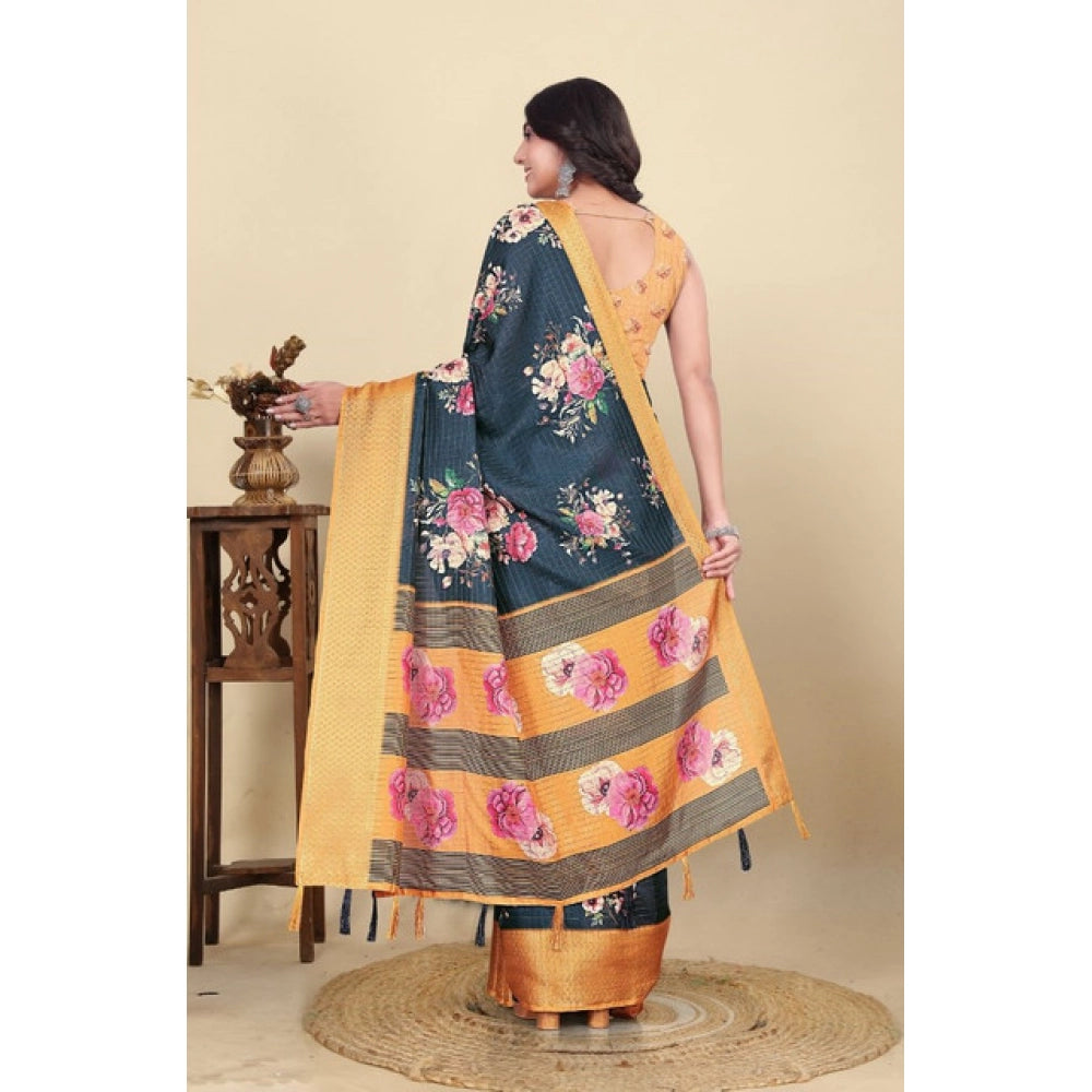 Amfyn Women's Cotton Silk Floral Printed Saree With Unstitched Blouse 5.5Mtr (Blue)