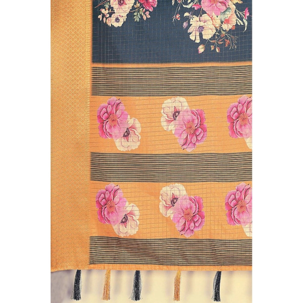 Amfyn Women's Cotton Silk Floral Printed Saree With Unstitched Blouse 5.5Mtr (Blue)