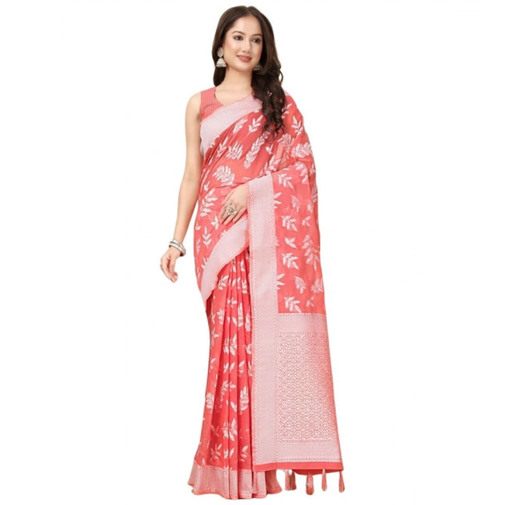 Amfyn Women's Art Silk Jacquard Printed Saree With Unstitched Blouse 5.5Mtr (Peach)