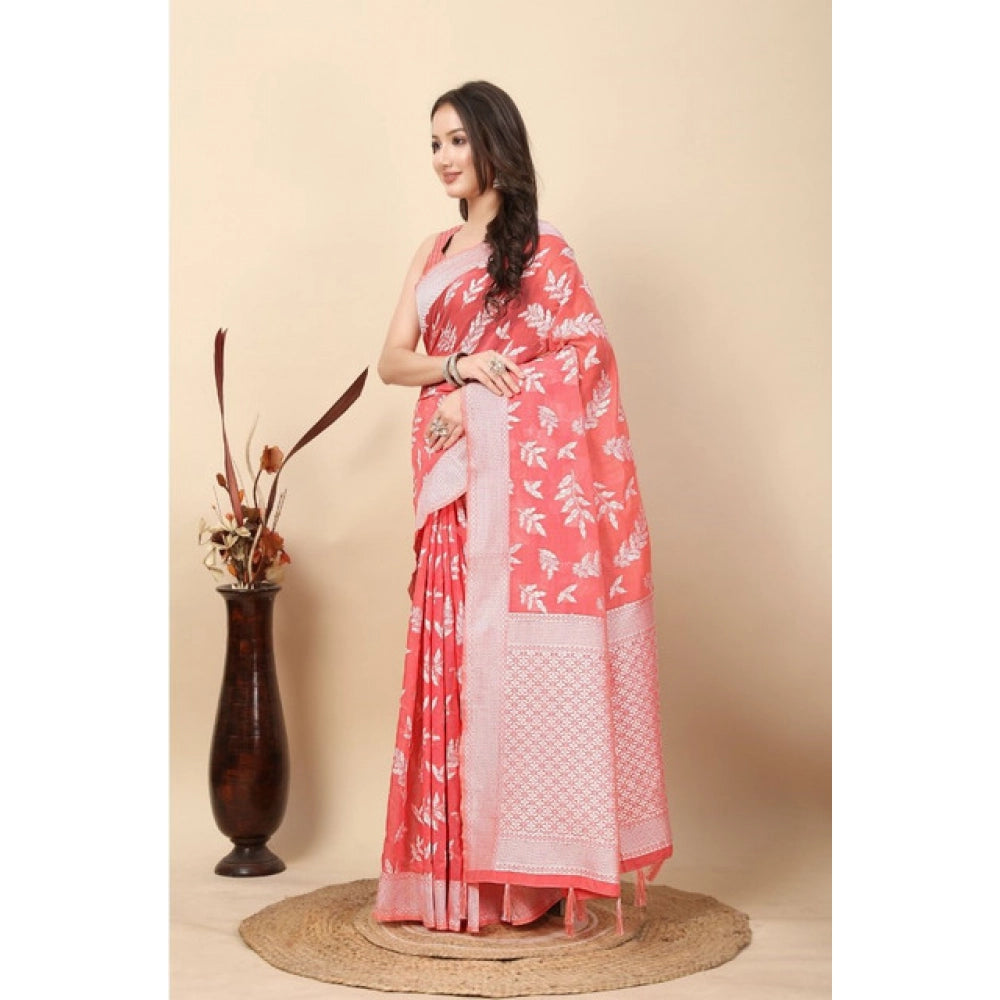 Amfyn Women's Art Silk Jacquard Printed Saree With Unstitched Blouse 5.5Mtr (Peach)