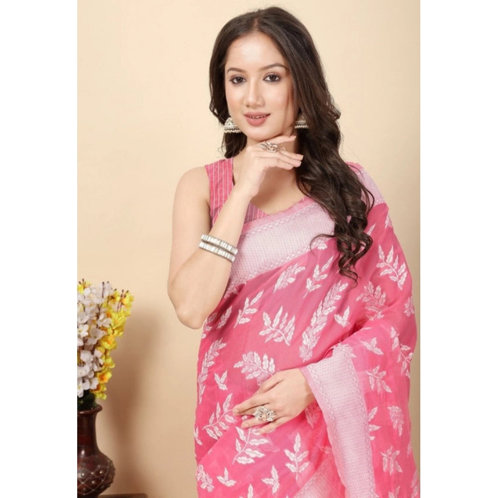Amfyn Women's Art Silk Jacquard Printed Saree With Unstitched Blouse 5.5Mtr (Pink)