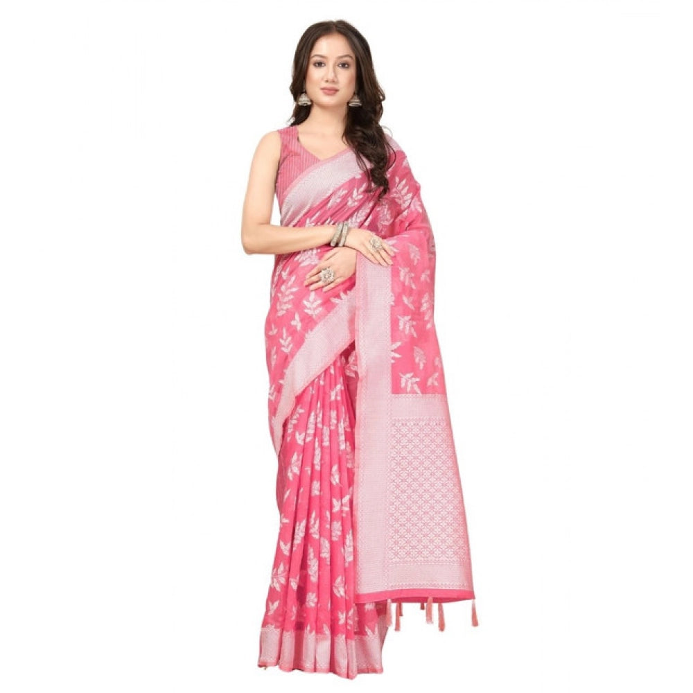 Amfyn Women's Art Silk Jacquard Printed Saree With Unstitched Blouse 5.5Mtr (Pink)