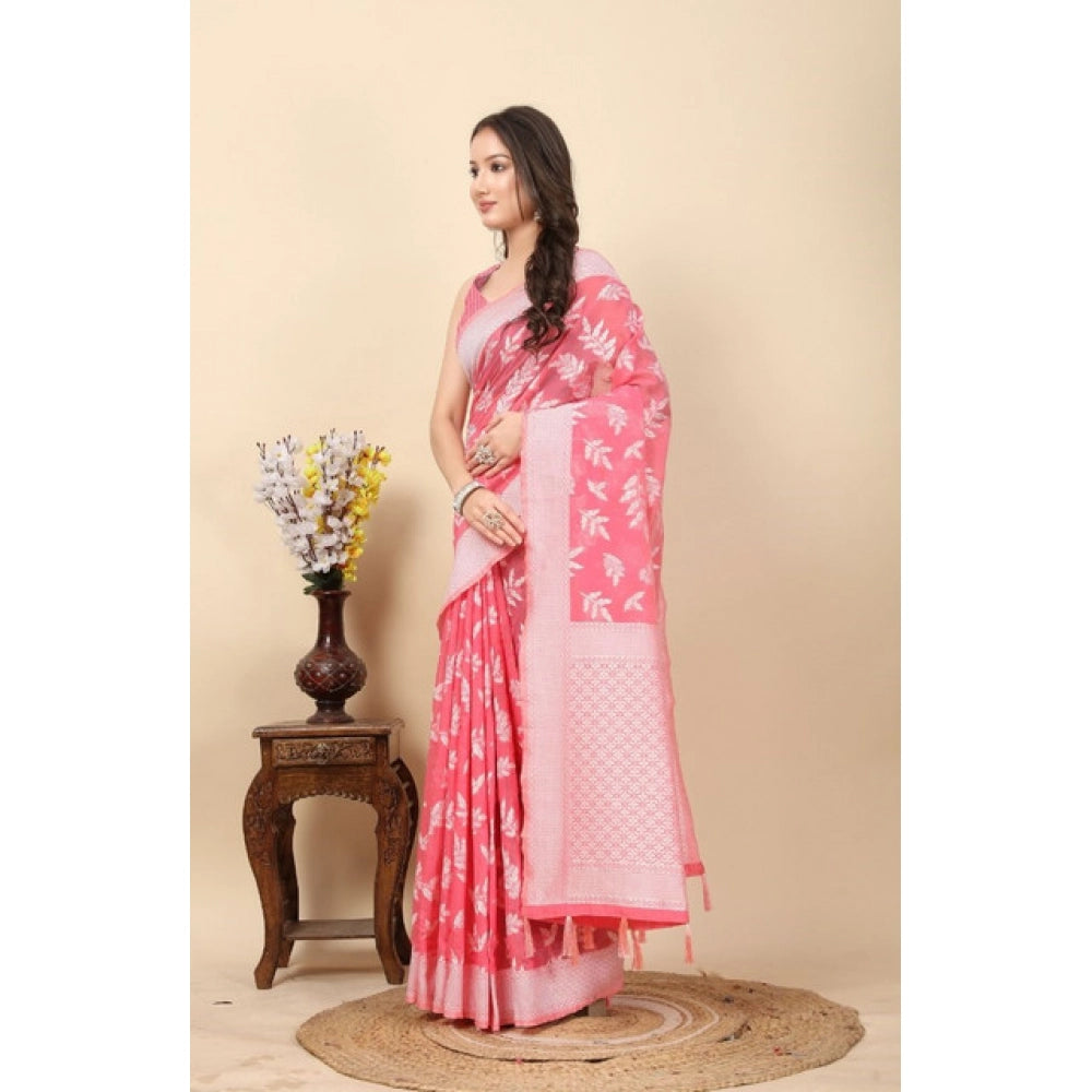 Amfyn Women's Art Silk Jacquard Printed Saree With Unstitched Blouse 5.5Mtr (Pink)