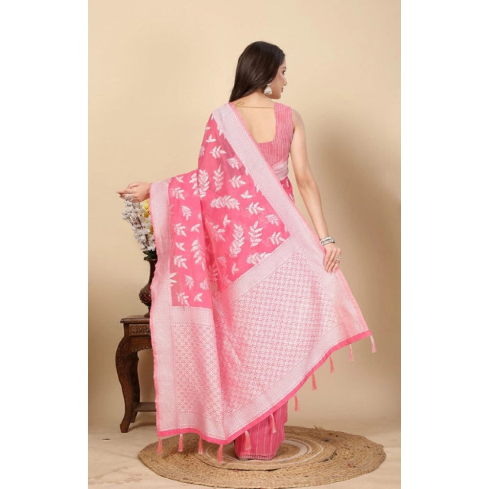 Amfyn Women's Art Silk Jacquard Printed Saree With Unstitched Blouse 5.5Mtr (Pink)