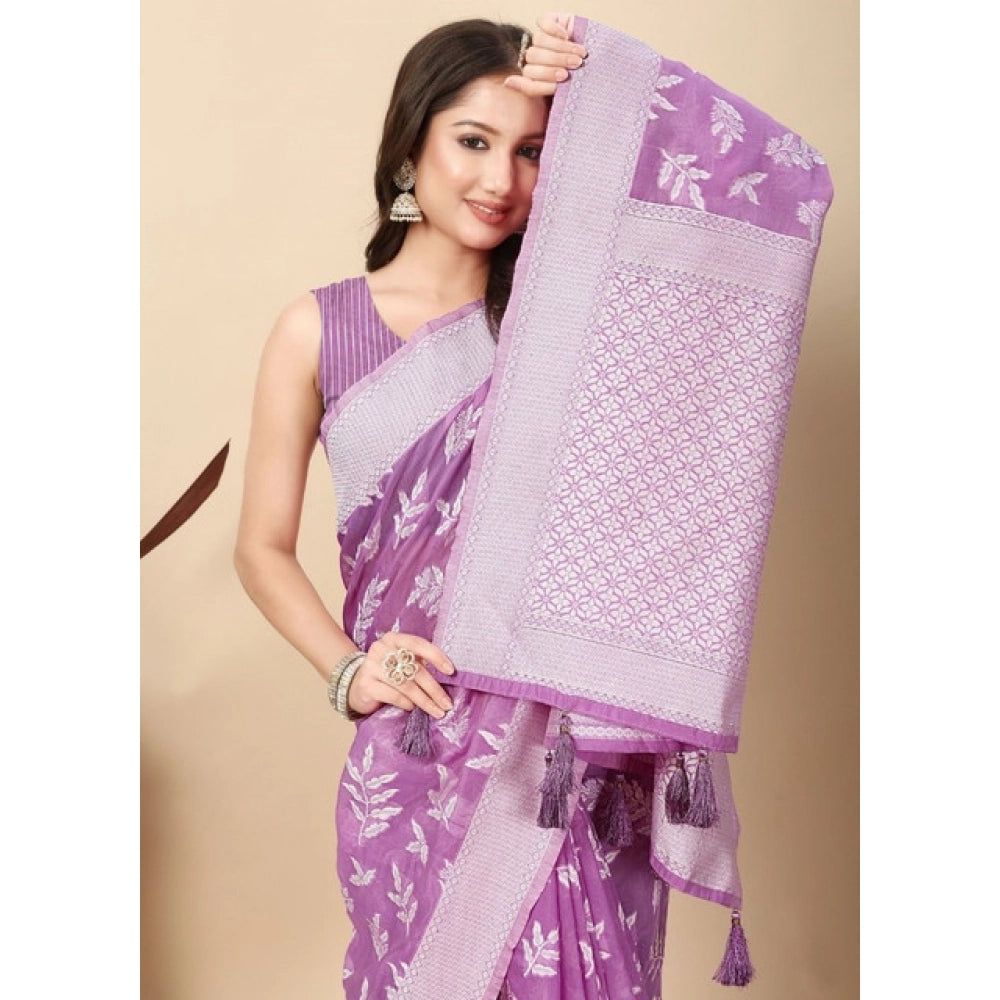 Amfyn Women's Art Silk Jacquard Printed Saree With Unstitched Blouse 5.5Mtr (Purple)