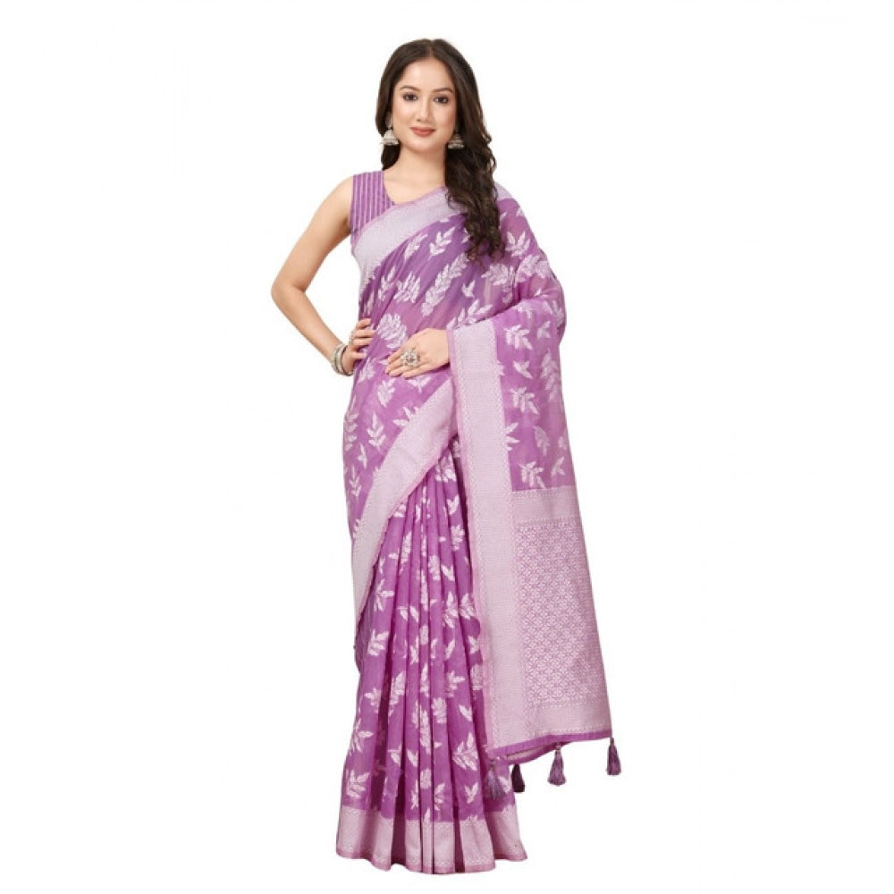 Amfyn Women's Art Silk Jacquard Printed Saree With Unstitched Blouse 5.5Mtr (Purple)