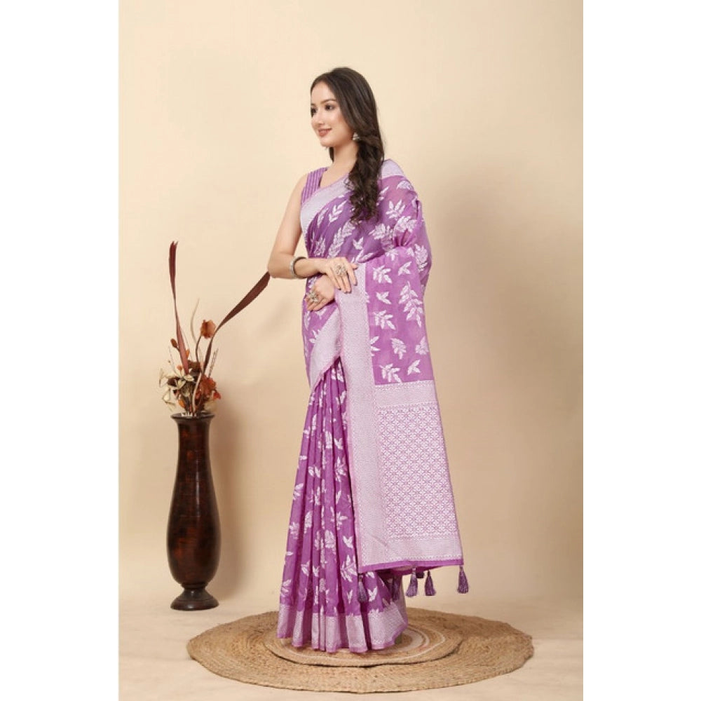 Amfyn Women's Art Silk Jacquard Printed Saree With Unstitched Blouse 5.5Mtr (Purple)