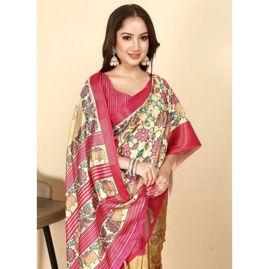 Amfyn Women's Cotton Silk Printed Saree With Unstitched Blouse 5.5Mtr (Yellow Red)