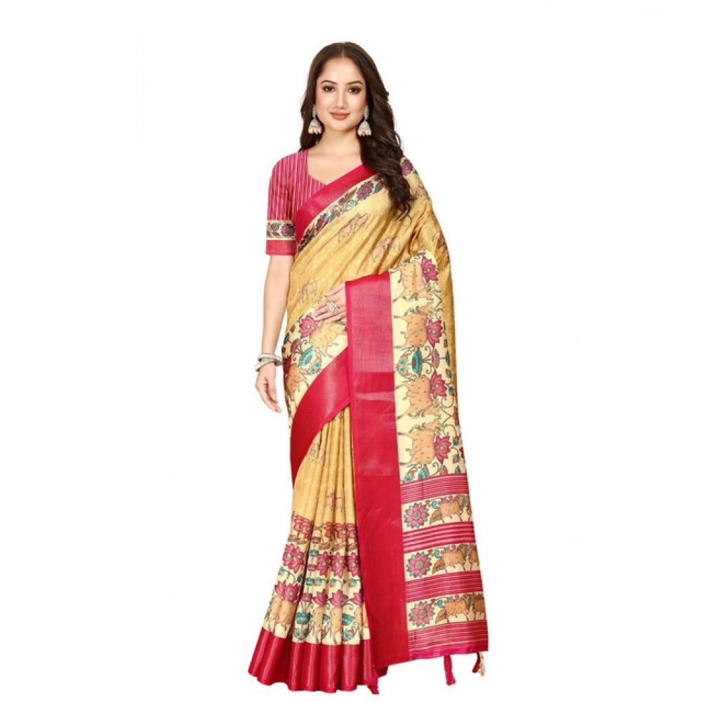 Amfyn Women's Cotton Silk Printed Saree With Unstitched Blouse 5.5Mtr (Yellow Red)