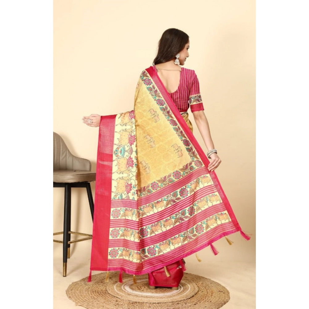 Amfyn Women's Cotton Silk Printed Saree With Unstitched Blouse 5.5Mtr (Yellow Red)
