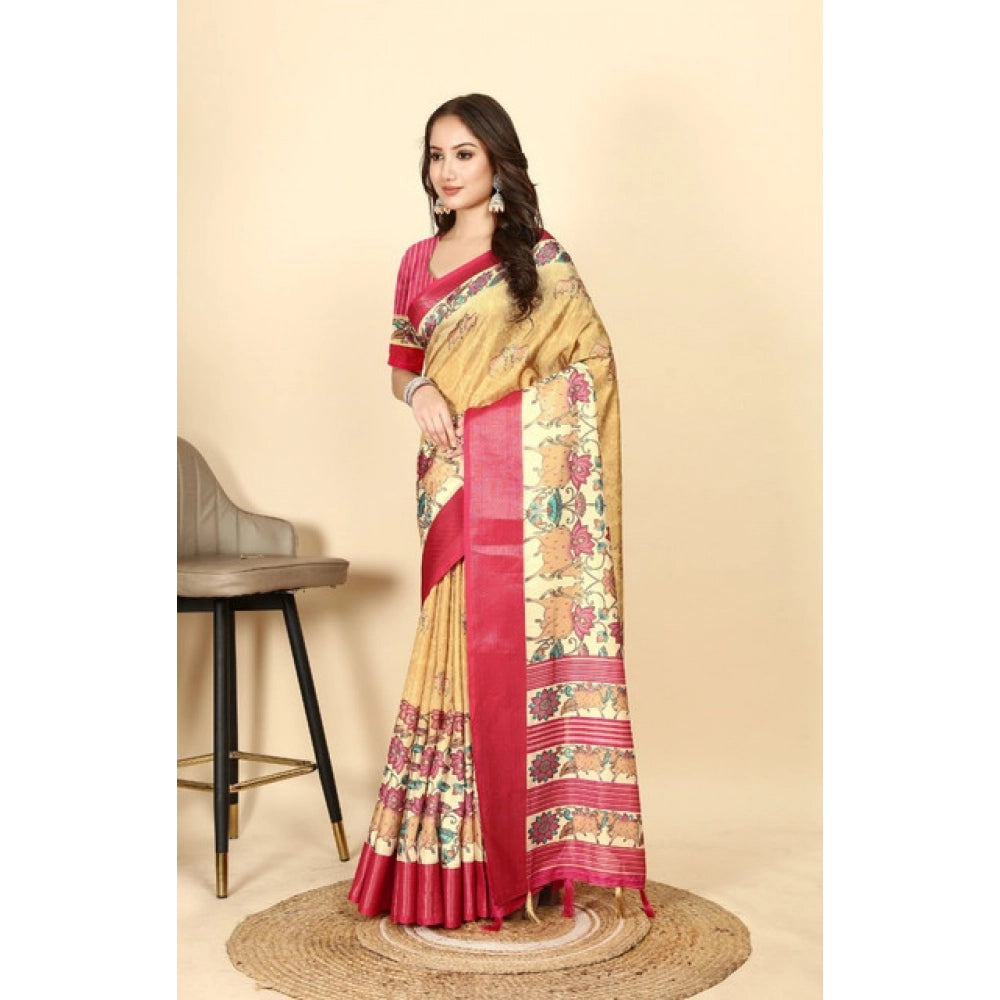 Amfyn Women's Cotton Silk Printed Saree With Unstitched Blouse 5.5Mtr (Yellow Red)