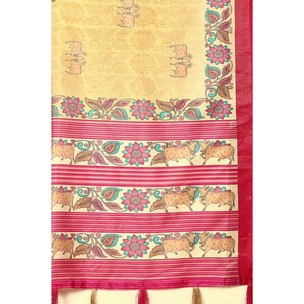 Amfyn Women's Cotton Silk Printed Saree With Unstitched Blouse 5.5Mtr (Yellow Red)